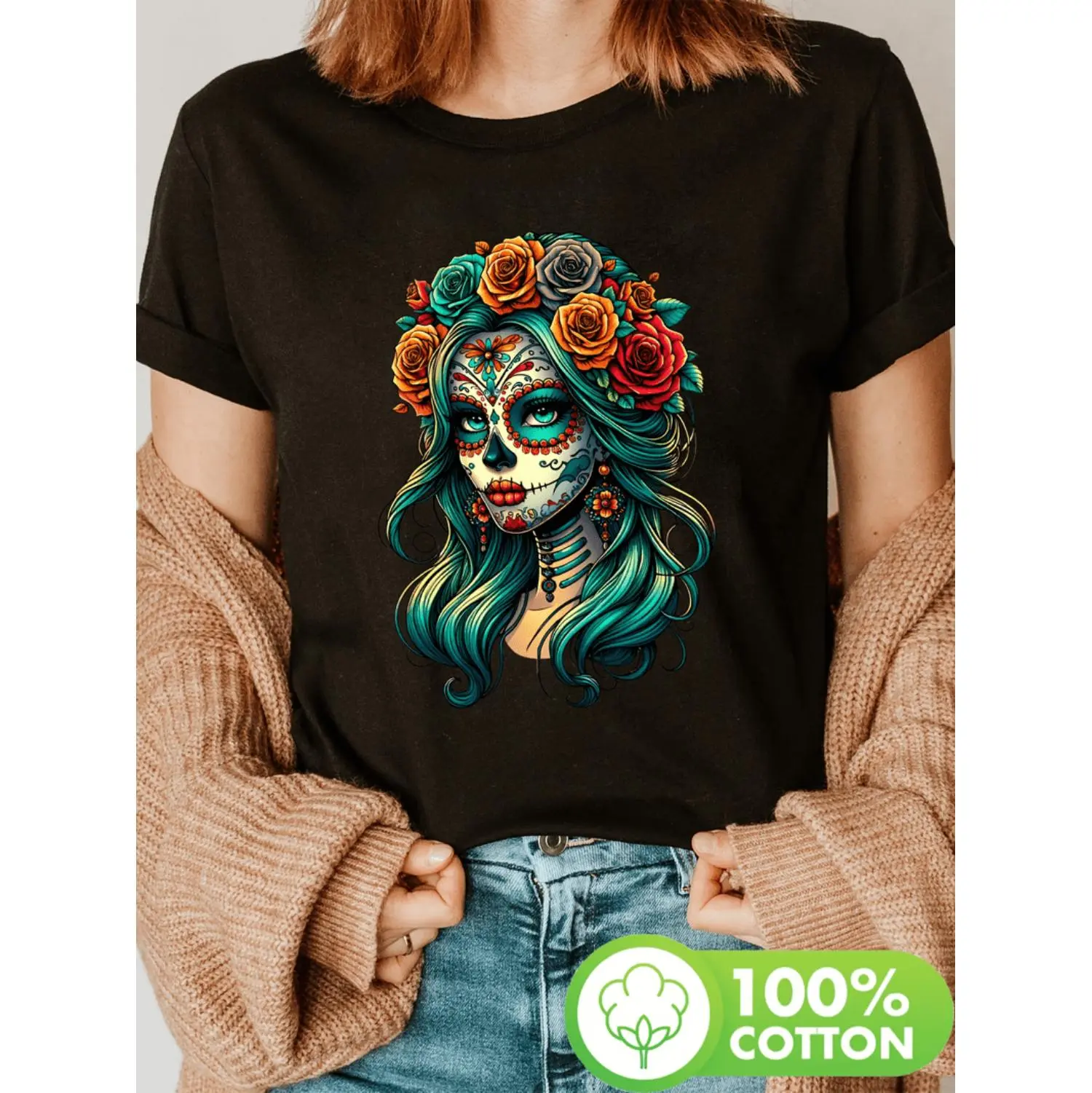 Women's La Catrina Floral T-Shirt - Mexican Day of the Dead Sugar Skull Top, Semi-Sheer Crew Neck Tee for Dia de los Muertos, Halloween, Casual Attire - Machine Washable Casual Shirt, Seasonal Fashion, Vibrant Print, Breathable Ma