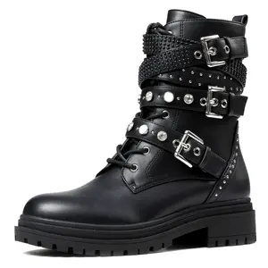 CELNEPHO Ankle Combat Boots for Women Round Toe Gothic Durable Chunky Block Heel Metali Buckle Fashionable Rhinestone Rivets Military Motorcycle Boots for Work Casual Party Dress Shoes Black