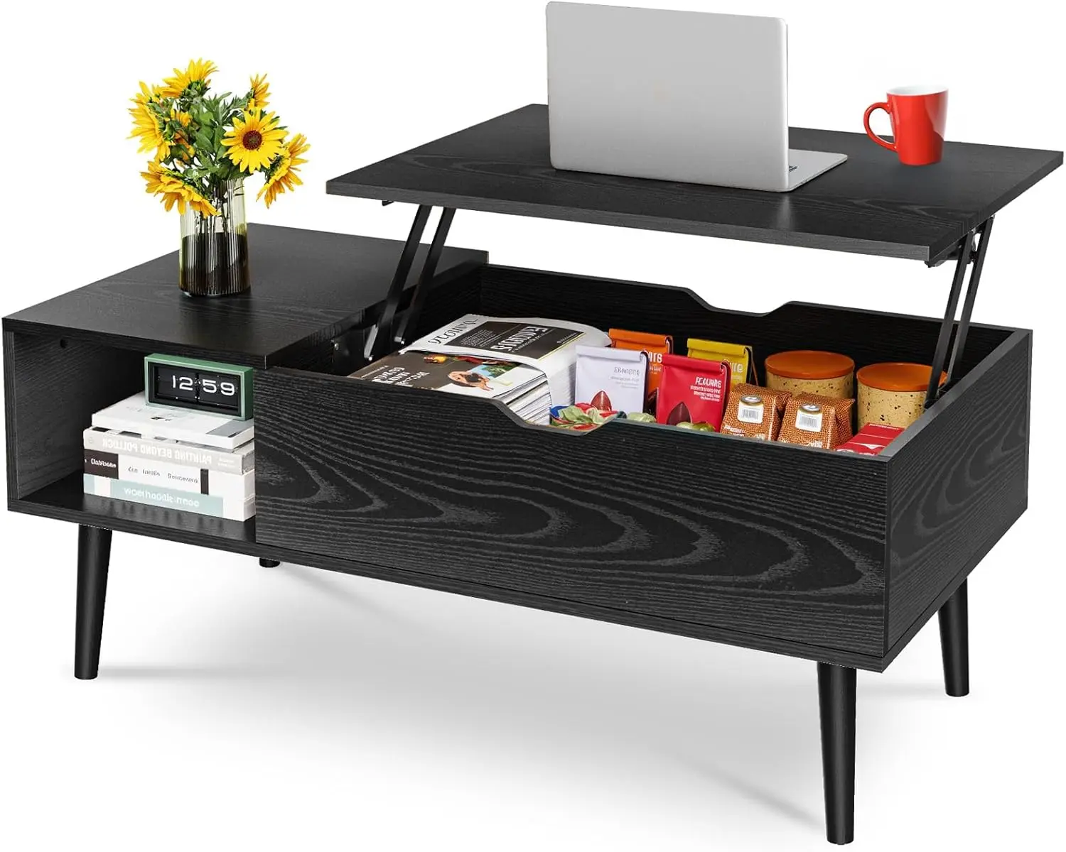 Black Wood Lift Top Coffee Table - 39.4" D x 19.7" W x 17" H, Hidden Compartment, Large Storage Shelf, Dining Center Table for Home Living Room Office