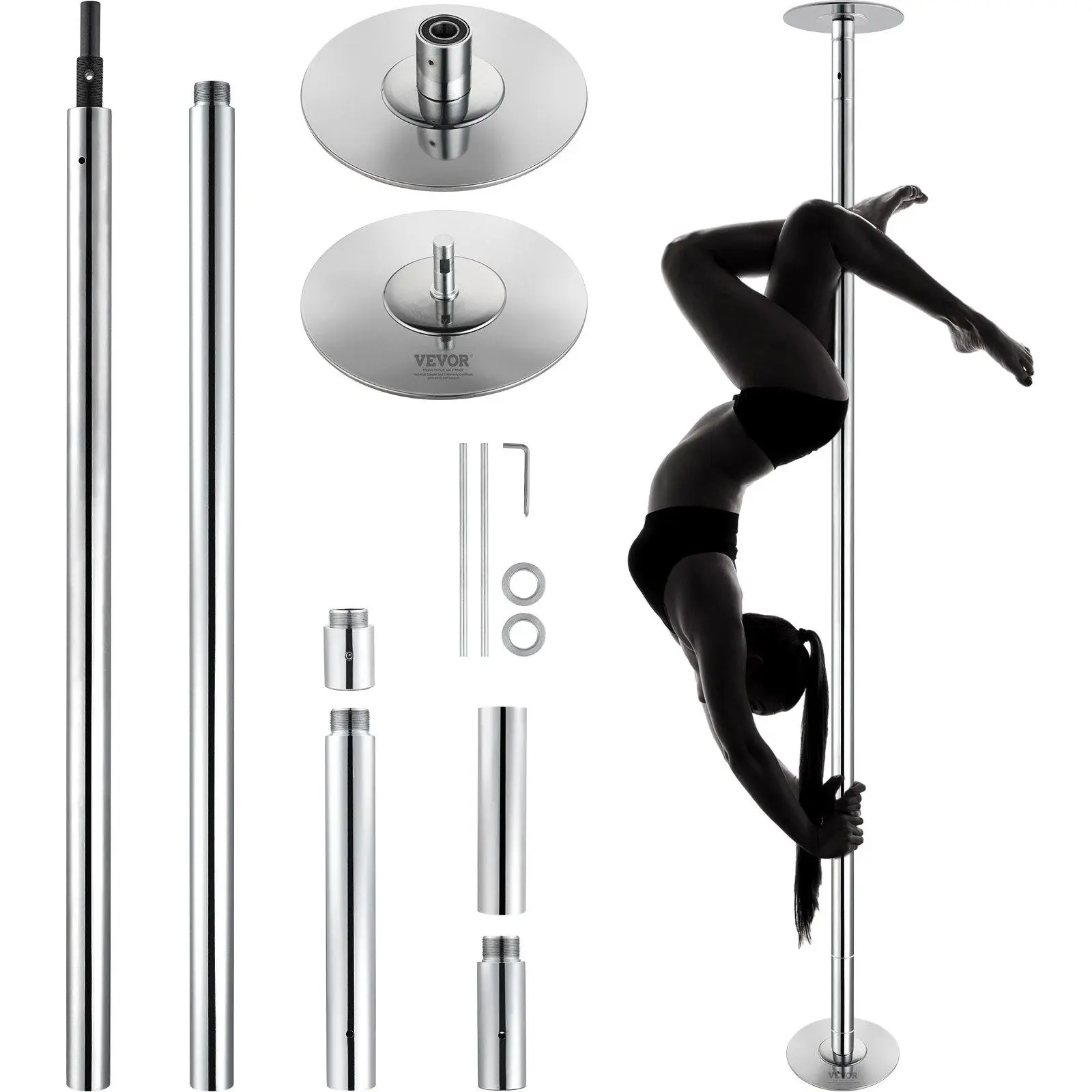 【Backtoschool】VEVOR Professional Dancing Pole,  , Spinning Static Dancing Pole Kit, Portable Removable Pole, 45mm Heavy-Duty Stainless Steel Pole, Height Adjustable Fitness Pole, for Exercise Home Club Gym, Silver