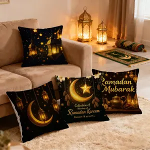 4-Piece Crescent Flower Pattern Ramadan Single-Sided Print Pillow Covers, Sofa Cushion Cover, 45x45cm, Short Plush Material, Hidden Zipper, Indoor Outdoor Decor