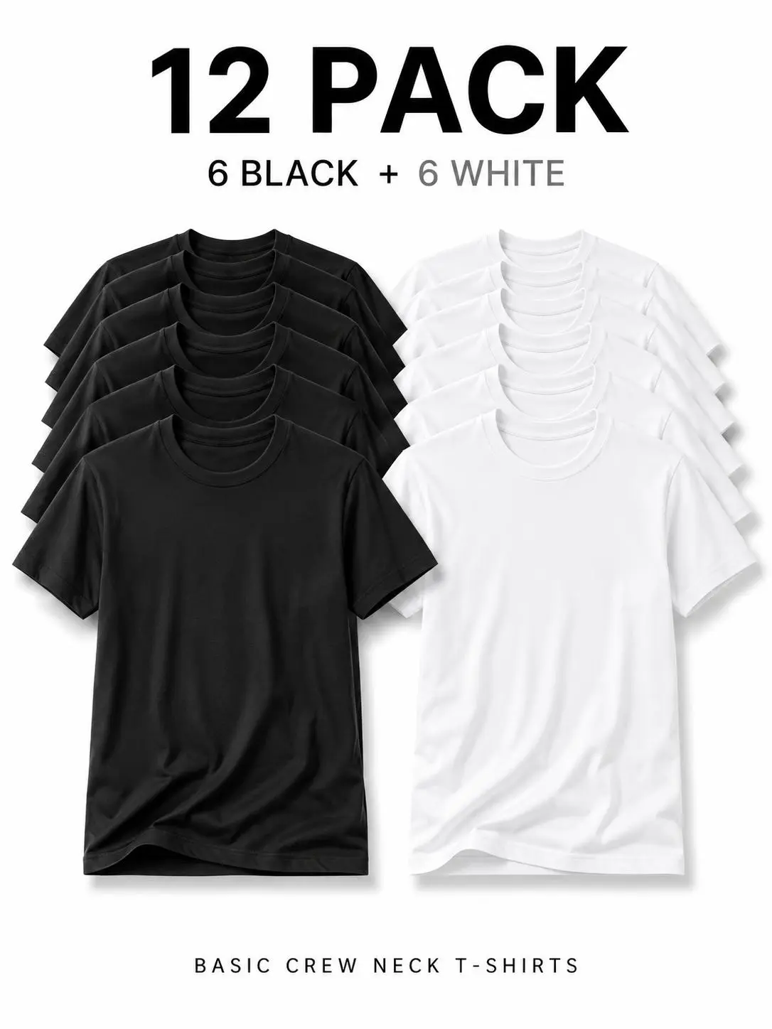 men's 12 Pack Basic Crew Neck T-Shirts, 6 Black + 6 White Short Sleeve Solid Color Tees, Casual Everyday Tops for Layering, Daily Wear, Summer Outfits, Comfortable Wardrobe Essentials and Streetwear