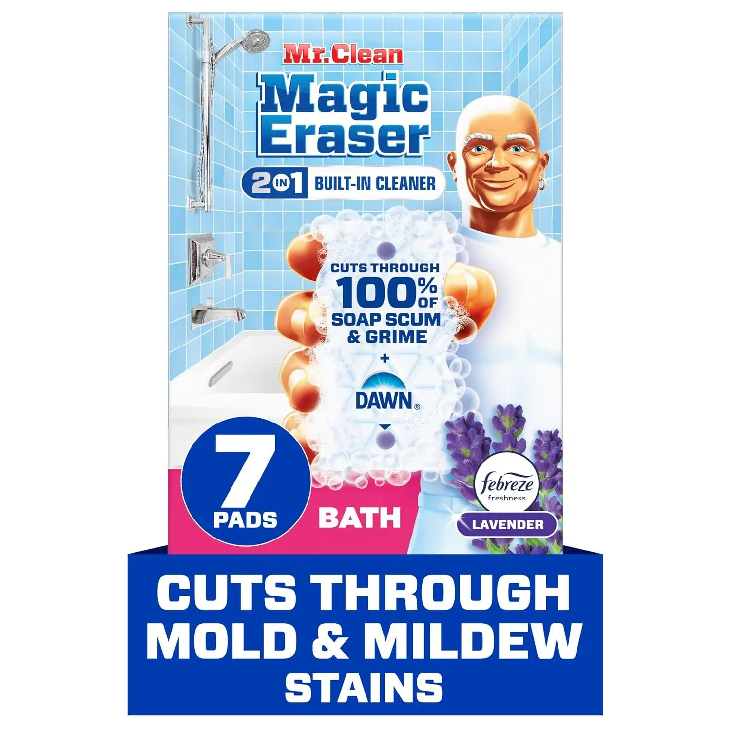 Mr. Clean Magic Eraser Sponge, Bathroom Cleaner, Shower Cleaner, Tub Cleaner, Soap Scum Remover, Bathroom Cleaning Supplies, Dawn Cleaning Power with Febreze Lavender Scent, 5ct