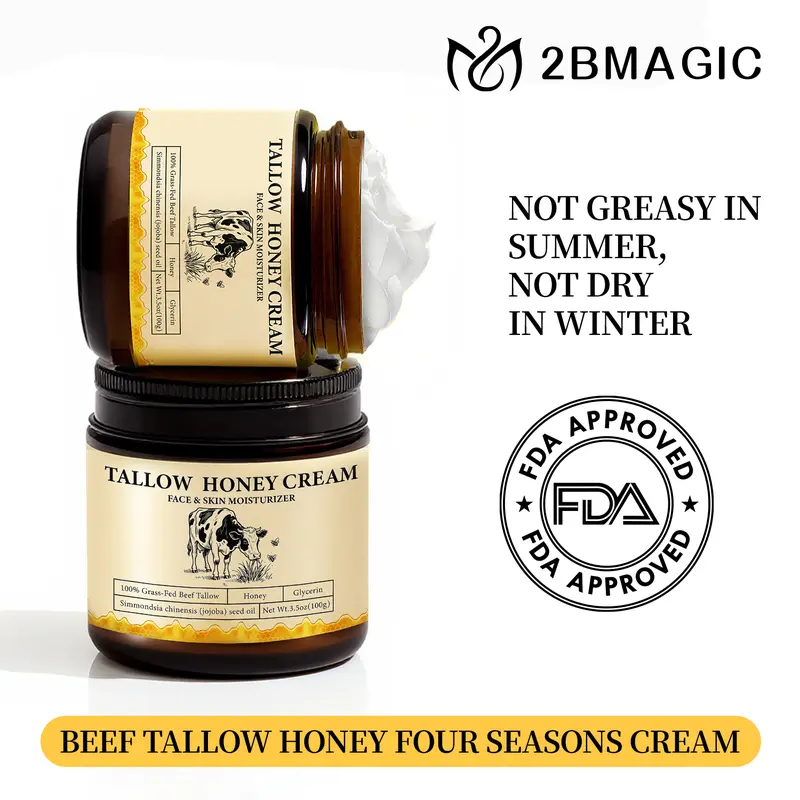 2Bmagic Whipped Grass-Fed Beef Tallow Honey cream - 100g,Moisturizing Cream for Soft, Smooth Skin - Handmade All-Natural Moisturizer - Lavender Moisture Daily Glycerin Jojoba Lightweight Oil