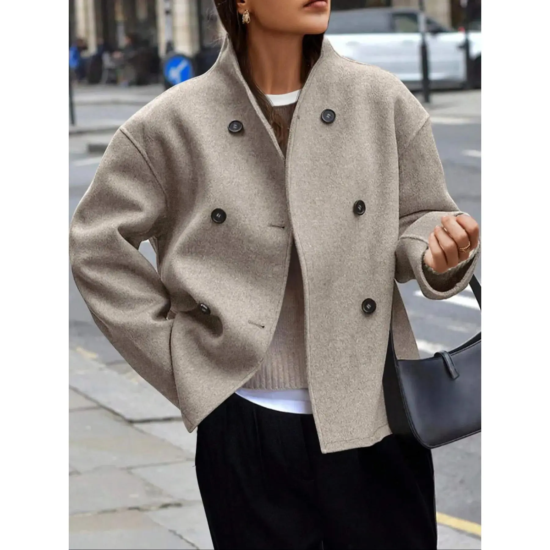 Women's Minimalist Plain Woven Short Coat - Thick Warmth Fabric, Casual Loose-Fit Lady Clothes for Fall & Winter, Stylish Daily Wear Outerwear, Dense Weave