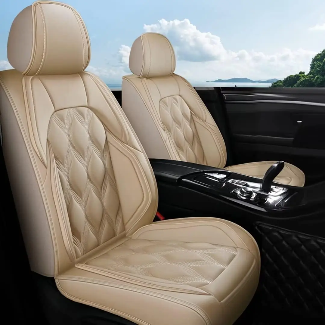 Car Seat Covers,Full Set 5 Seats Custom Fit for Mitsubishi Outlander 2007-2025 2026,Leather Car Seat Cover Seat Cushion Protector,Airbag Compatible Waterproof Beige Universal