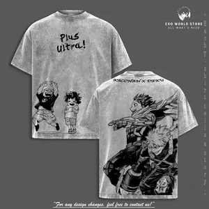 Deku & Bakugo Vintage Oversize Washed T-Shirt, My Hero Academia Heavy Cotton Graphic Tee, Retro Anime Streetwear for Men and Women perfect for streetwear gift for all,Anime Core Inspired graphic tees men gifts dailywear Menswear
