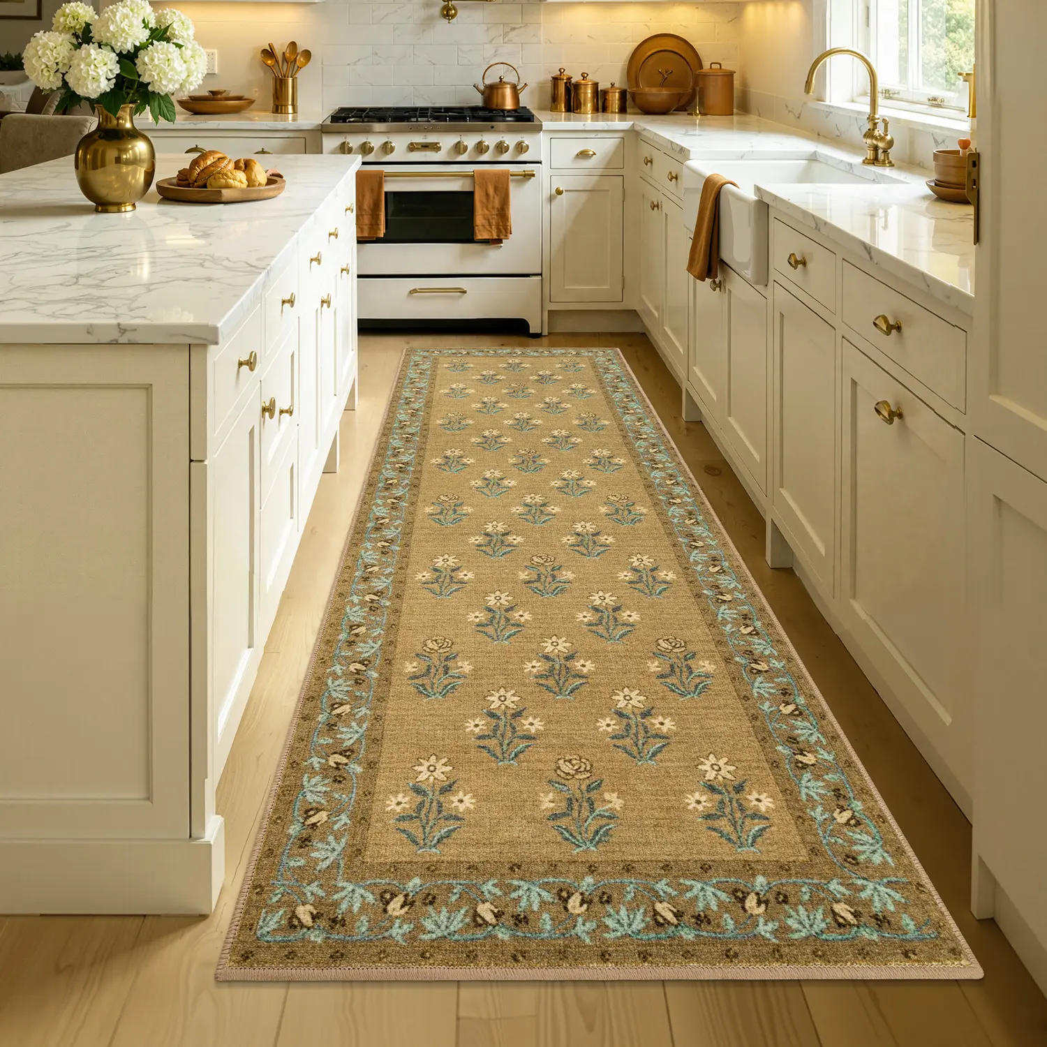 BSICPRO Large Kitchen Rugs, non-slip and washable; wide kitchen mats for floors; retro vintage floral runner for sink area, kitchen, laundry room, hallway decor apartment accessory indoor carpet nursery rug soft low pile area rug modern minimalist style