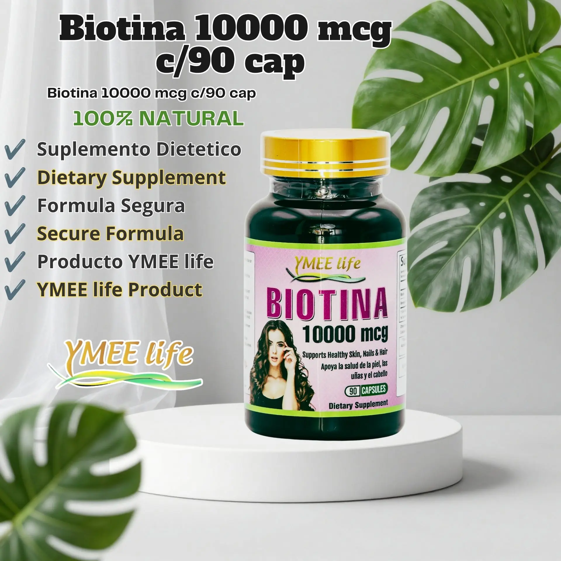 Natural Biotin 10000 mcg Dietary Supplement Capsules for Adults - 90 Count, GMO-Free, Gluten-Free, Supports Metabolism, Skin Care, Nail Wellness, Hair Health, Beauty & Healthcare, Vegan