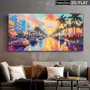 2D/Flat Painting | Wrapped Frame Canvas Art Oil Painting, Panoramic Wall Painting, Retro Modern Decorative Painting, City Street Sunset Scenery for Living Room, Bedroom, Office Decoration, Abstract Palm Tree Architectural Art Print
