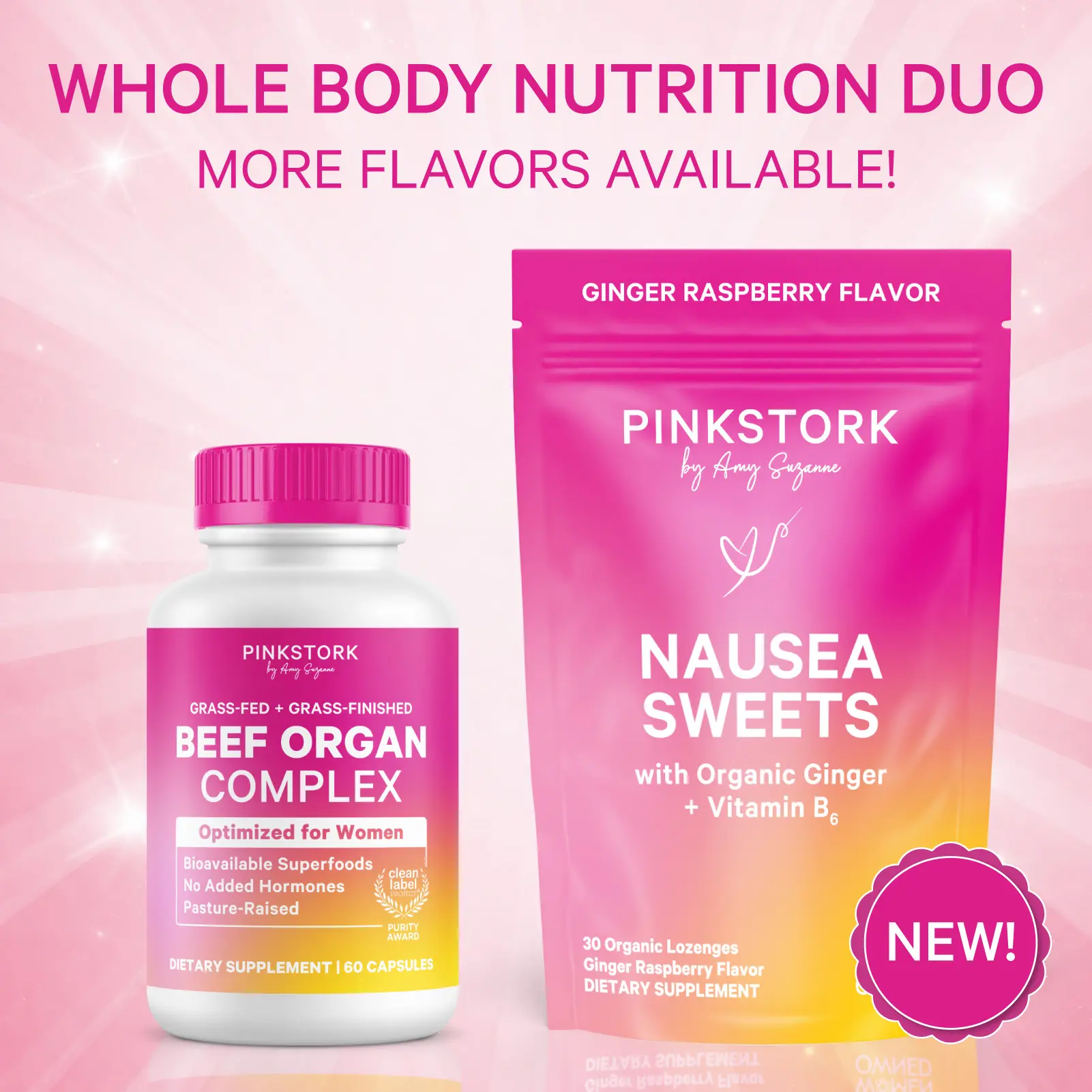 Pink Stork Whole-Body Nutrition Duo | Bioavailable Nutrition + Nausea Support for Women's Health | Vitamin B6, Ginger, Beef Liver | Holistic Support for Moms