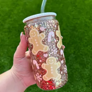 Gingerbread Snowglobe 16oz Glass Can with Bling Lid