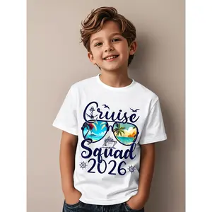 Cruise Squad 2026 Summer Vacation Matching Family Cruise Series Boys And Girls Kids Short Sleeve T-Shirt | Casual Wear, Crew Neck, Regular Fit, Slight Stretch Fabric, Geometric-Pattern, Vintage Style, Suitable For Birthday Gifts, Daily Wear