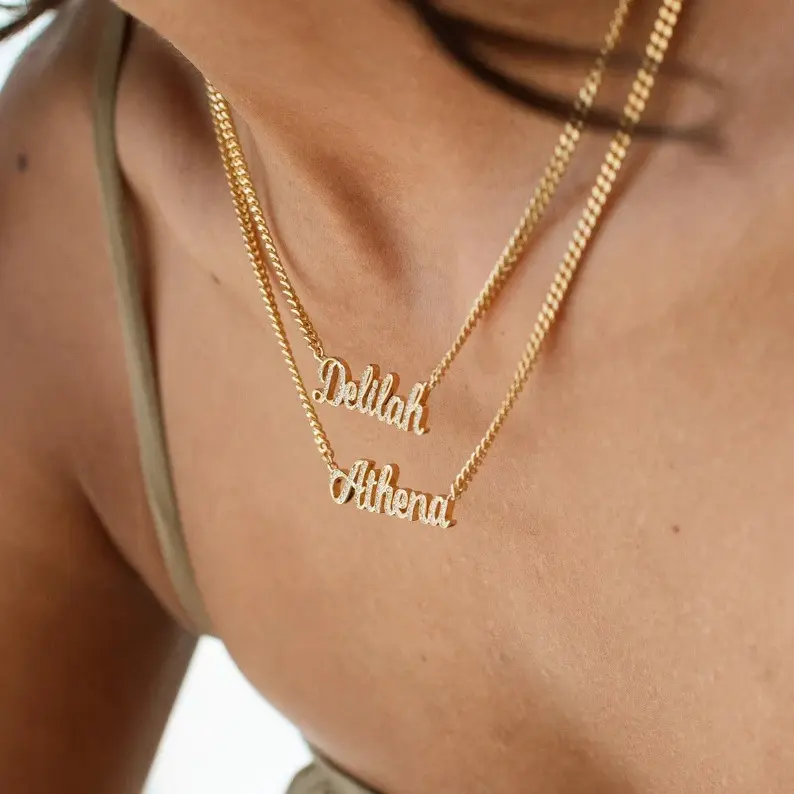 AS1745 Personalized Necklace with Paved Cubic Zirconia Pavé Cursive Names Keepsake Mom Gift Custom Necklace Holiday Birthday Gift Men and Women