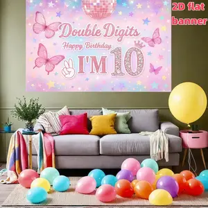 Pink Diamond 10th Birthday Background Cloth, Sparkling Diamond Numbers, Disco Ball and Butterfly Decoration, 10th Birthday Theme Style, Polyester Material, Suitable for Photo Booth, Party, Birthday, Celebration, and Indoor/Outdoor Family Birthday Party