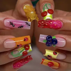 Fruity Picnic Chaos Press-On Nails, 3D Cherries, Strawberries & Blueberries with Ladybug and Ant Details, Bright Glossy Summer Colors, Handmade Bold Nail Art for Vacation & Parties
