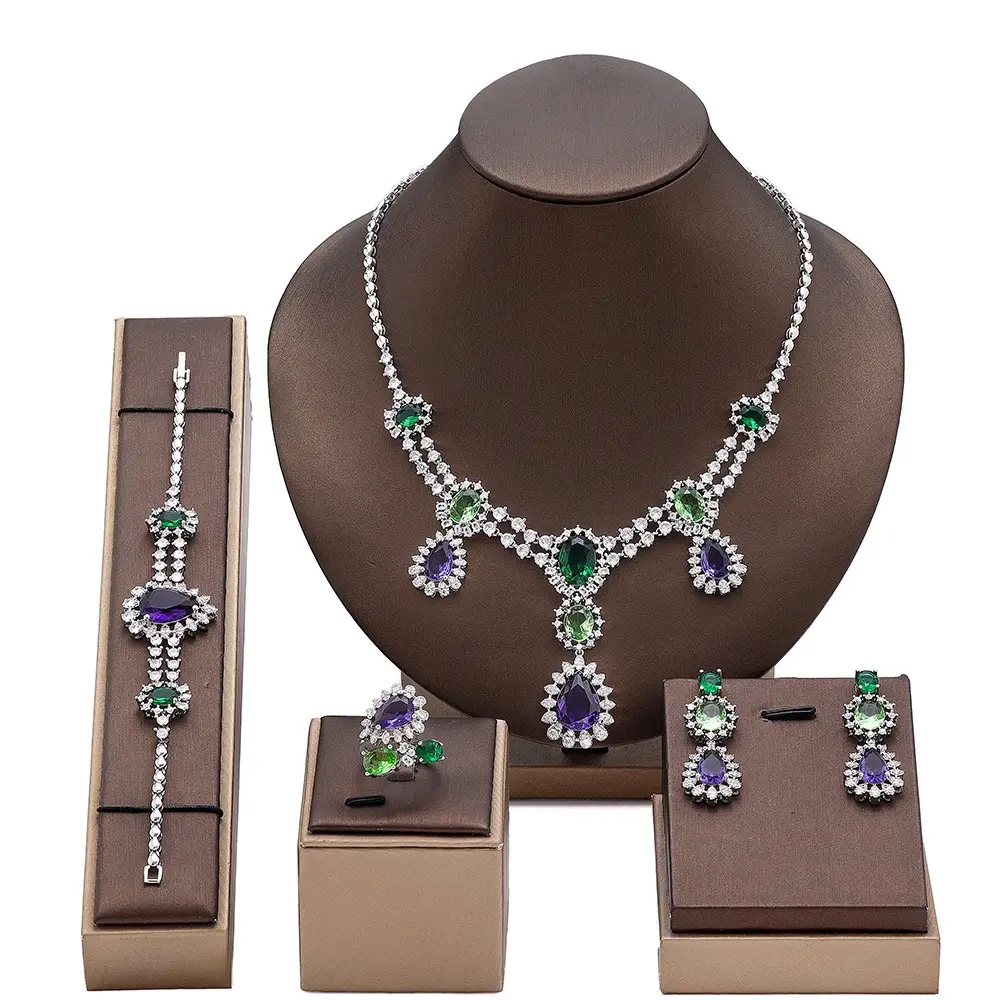 Multicolor Simulated Emerald Amethyst CZ 4Pcs Jewelry Set Silver Tone Statement Necklace Earrings Bracelet Ring Bridal Pageant Formal Party Jewelry for Women