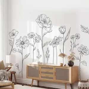 Large Black Boho Flower Wall , 3 Sheets Simple Sketch Floral Wall Stickers Peony Wildflower Peel Stick Wall Art Decor Bedroom  Room Office Garden Hall Adult Gifts for Mom(11.8x35.4 in/Sheet)