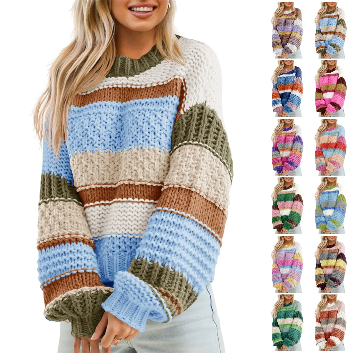 Womens Color Block Sweater Striped Chunky Knit Cropped Sweaters Crewneck Fall Long Sleeve Loose Pullover Tops
