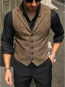 Men's Retro Wool Tweed Vest, Herringbone Plain, V-Neck Sleeveless, Suitable for Prom, Business Casual Looks, Retro Theme Nights & Formal Occasions Classic Jeans Brown Stylish