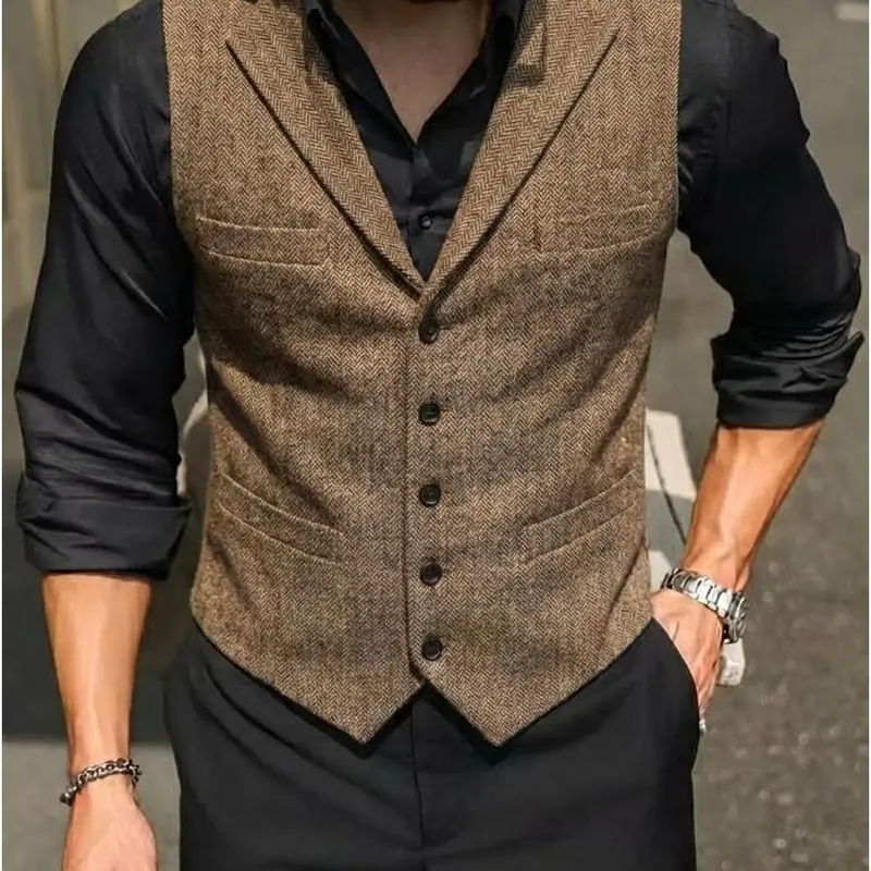 Men's Retro Wool Tweed Vest, Herringbone Plain, V-Neck Sleeveless, Suitable for Prom, Business Casual Looks, Retro Theme Nights & Formal Occasions Classic Jeans Brown Stylish