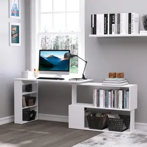 【US-based sellers】360° Rotating Home Office Desk L Shaped Corner Computer Desk with Storage Shelves, Writing Table Workstation