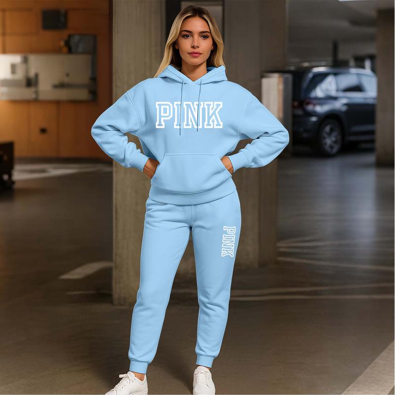 Women's Pink Print Hoodie And Drawstring Track Pants Set, Casual Sportswear, Long-Sleeved Hooded Jacket And Pants, Suitable For Autumn And Winter, Everyday Wear, Indoor And Outdoor Sportswear, Casual Sportswear.