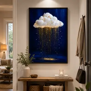 2D Flat Surreal Whimsical Art | Fluffy White Cloud Raining Golden Stars, Perfect for Wall Decor, Room Decoration, Living Room, Winter Spring, Bathroom, Valentine'S Day, Framed Canvas Painting Poster, Frame, Art Deco Style