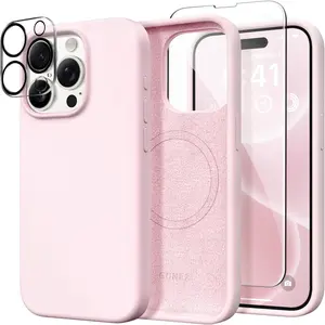 Case Silicone For iPhone 15 Pro Max, Compatible with Magsafe, Camera Protector + Screen Protector, Soft Anti-Scratch Microfiber Lining, Liquid Silicone Shockproof Phone Cover, Chalk Pink