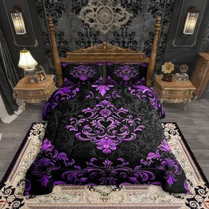 Feelyou Gothic Vintage Digital Print Bedding Set - Black Purple Floral Damask Microfiber Soft Breathable Decorative Bedding Set, Victorian Baroque Boho Exotic Goth Design for Adults, Microfiber Bedding Set