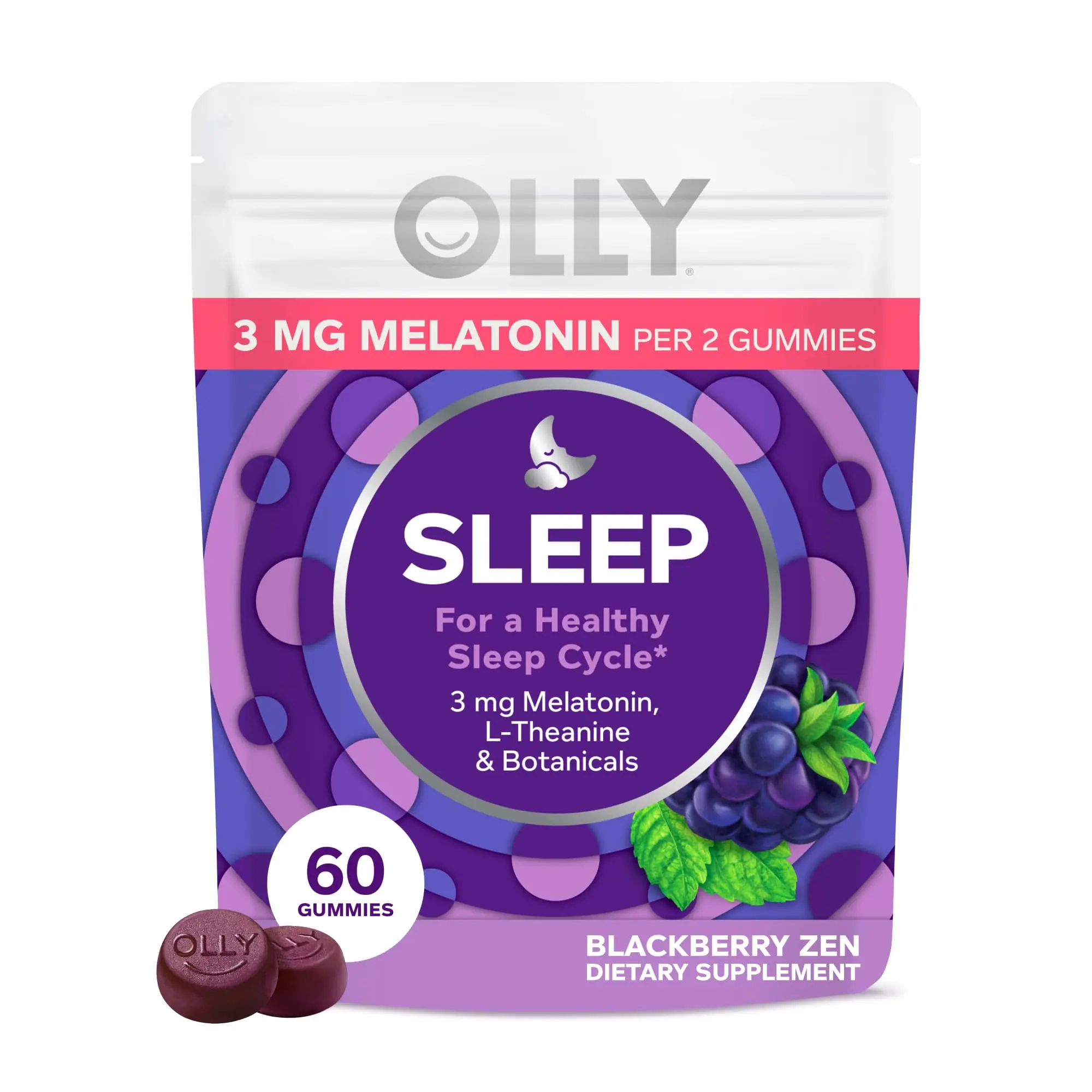 (A)OLLY Sleep Gummy Sleep Aid with 3mg Melatonin, L-Theanine, Chamomile & Lemon Balm Extracts – Natural Nighttime Sleep Support, Blackberry Flavor, 60 Gummies (30 Day Supply)
