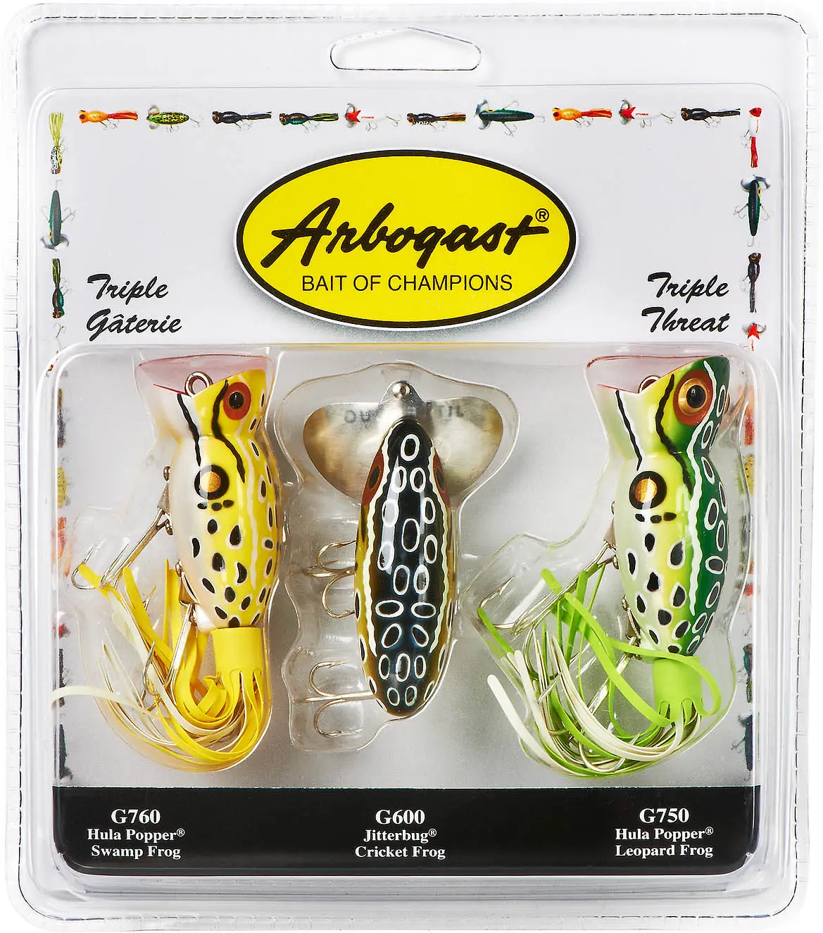 Topwater Hard Bait 3-Piece Lure Kit, Popper & Jitterbug-Style Lures in Cricket Frog Patterns, Deadly Lure for Largemouth Bass Fishing, Includes 2 1/2 inches & 3/8 oz Sizes, Deadly On Bass, Fishing Arbogast Triple Threat Classic Topwaters, Treble Hooks, 3-