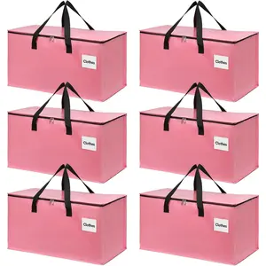 4-Pack Extra Large Heavy Duty Household Moving Organiser Set, Reinforced Zipper, Wide Handle, Pink Lightweight Foldable Dustproof Storage Bags for Clothes Packing Dorm Organization
