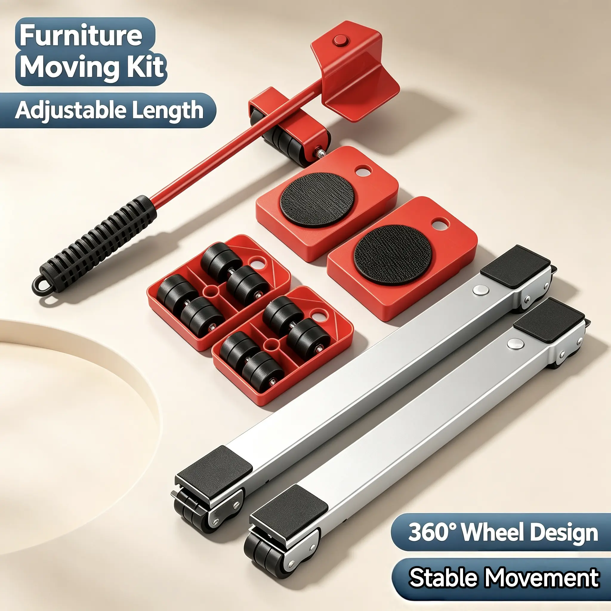 2-in-1 Portable Furniture Moving Kit Set with Adjustable 360° Rollers and Lifting Tool, Plastic Alloy Compact Alternative to Bulky Heavy-Duty Dollies