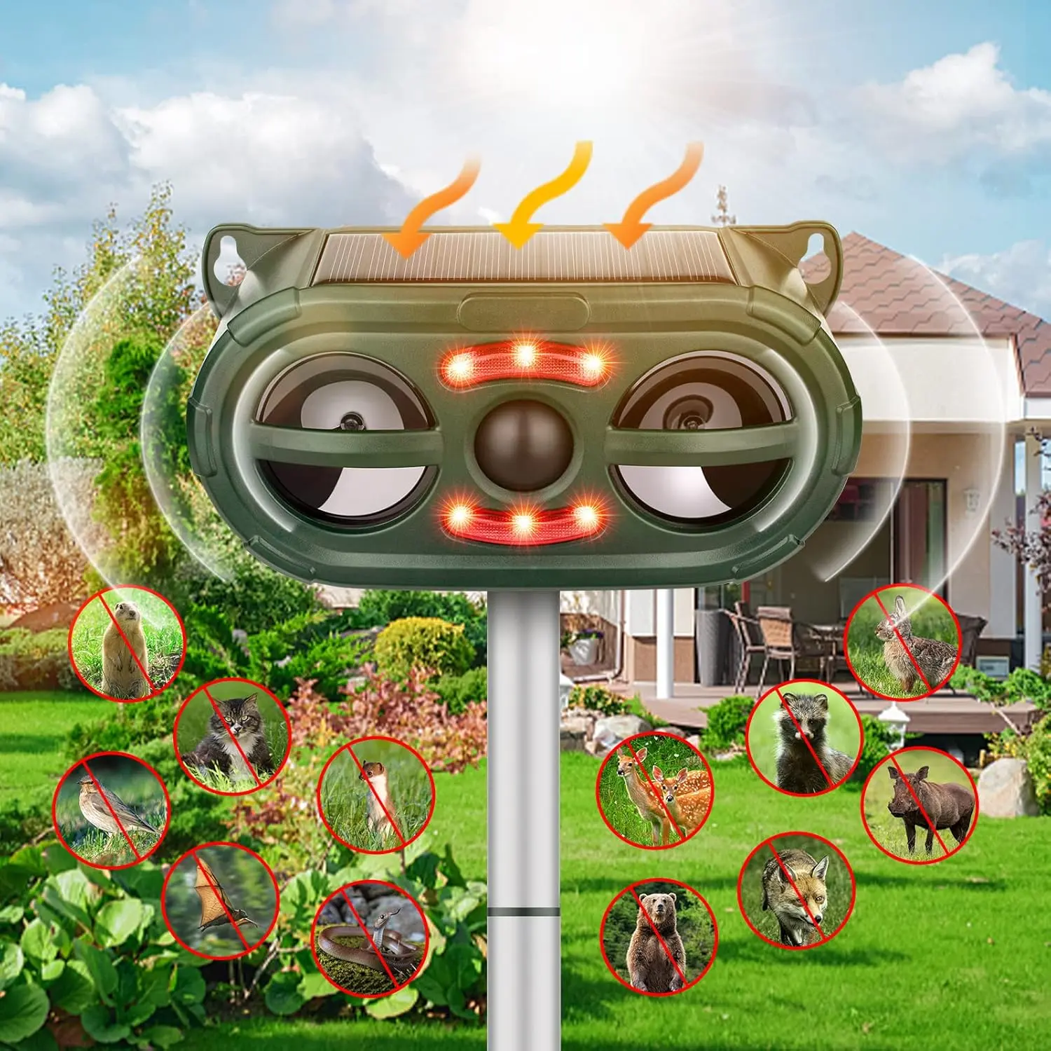 Solar Powered Ultrasonic Animal Repellent with Motion Sensor, LED Flash Light & Adjustable Modes, IP66 Waterproof Outdoor Pest Deterrent for Yard Garden Lawn, Animal Repeller for Deer Squirrel Rabbit Rodents, Outdoor Pest Control, Pest Repellents