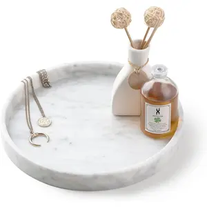 100% Marble 10 Inch Round Vanity Tray, Minimalist Modern Decorative Serving Tray for Bathroom, Kitchen, Nightstand, Jewelry Ring Dish Holder Table Accent Decor, White