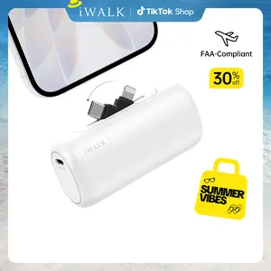 iWALK 2-in-1 Connector Mini Charger 5000mAh Power Bank USB C & Lightning Port High-Speed Charging Battery Pack for iPhone Samsung iPad - Chargeable White Smartphone power bank