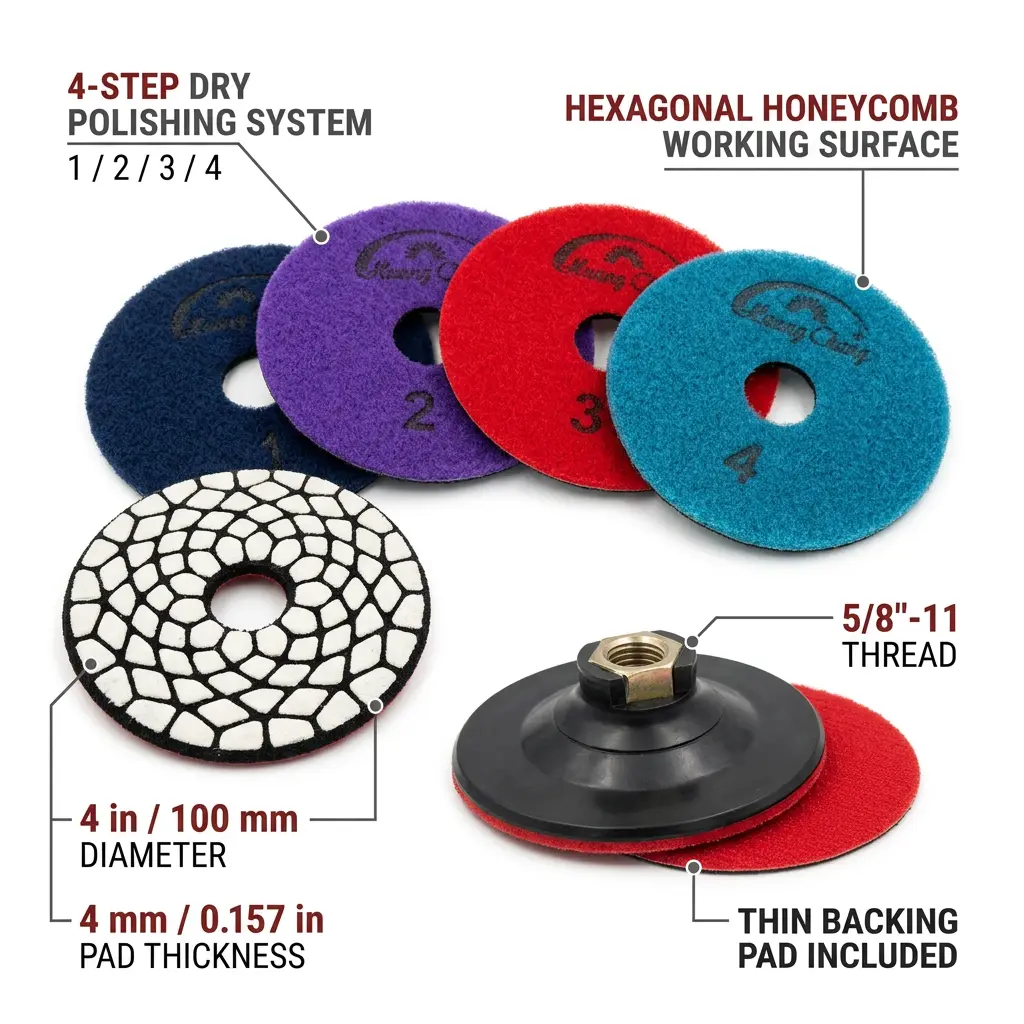 5PCS 4-Step Dry Black Polishing Wheel with 5/8"-11 Backer, Flat Surface Abrasive Tools for Concrete Quartz Countertop, Diamond Grinding Pads