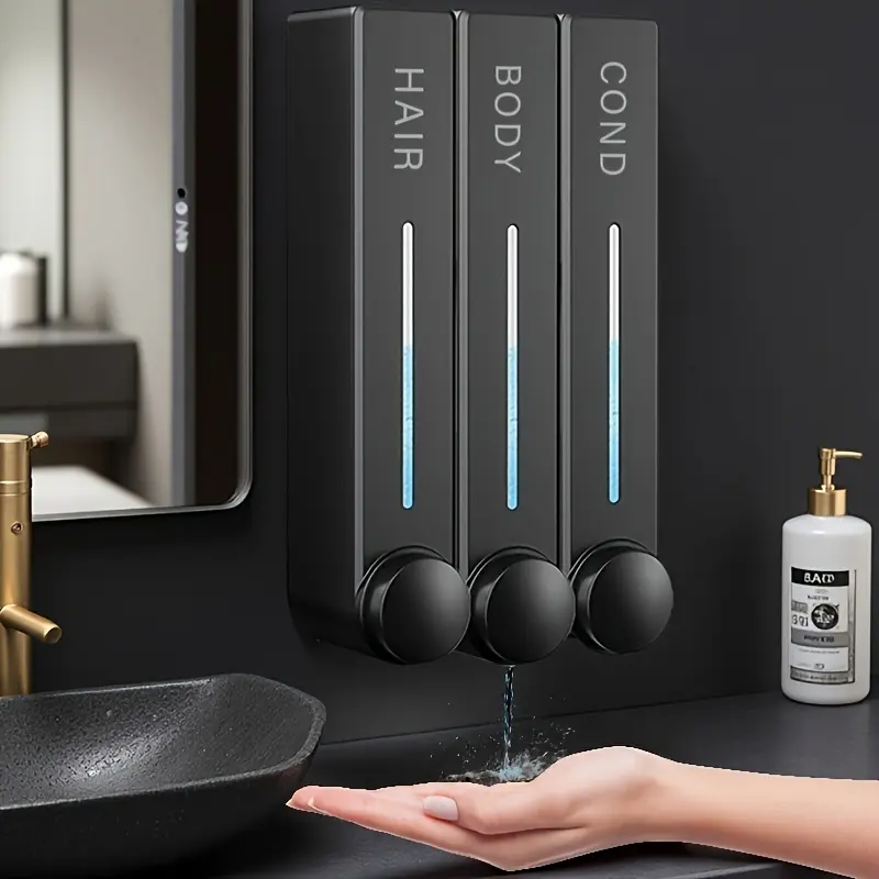 3-Piece Wall-Mounted Soap Pump Dispenser Set, Includes 3 Nozzles, Plastic-Free Design, Easy Installation, Ideal for Bathroom & Kitchen, Shampoo Conditioner Dispenser, Liquid Dispenser