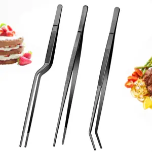 Pack Of 3 Kitchen Black Long Chef Tweezer Set,Stainless Steel Food Tongs, Fine Cooking Tweezers, for Cooking,Decorating, BBQ Father Gift
