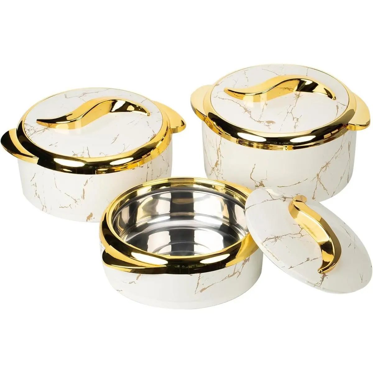 3-Piece Modern Stainless Steel Marble-Designed Insulated Serving Dish Set with Lids and Covers, Heat-Resistant Kitchen Storage Containers for Buffet Serving, Home Supplies Organizer, Cover,summerwins summerwins