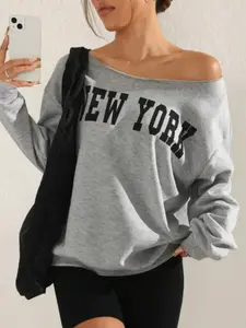 Women's Asymmetrical Shoulder Letter Print Top, Casual Loose-Fitting Sweatshirt, Comfortable All Seasons Home Wear, Must-Have Wardrobe Item