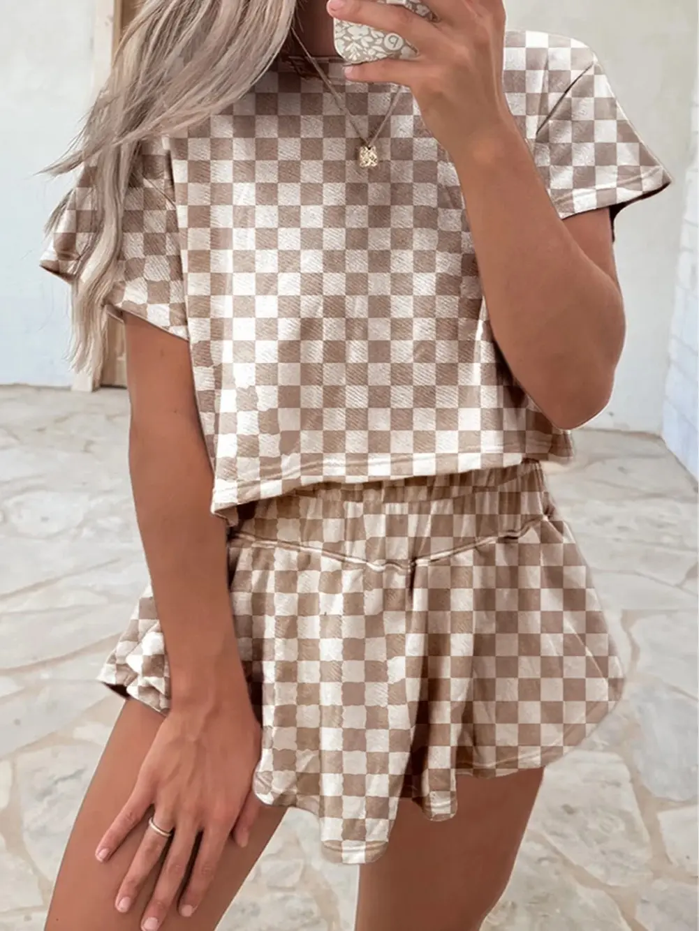 Brown Checkerboard T Shirt and High Waist Skorts 2 Piece Outfit for Women Girlfriend Valentine's Day Gift Tennis Golf Casual Vacation Milk Silk Soft Comfort Fit