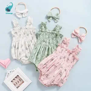 Baby Girl´s Sleeveless Jumpsuit Floral Print Elastic Bust Shoulder Straps Romper Bow Headband