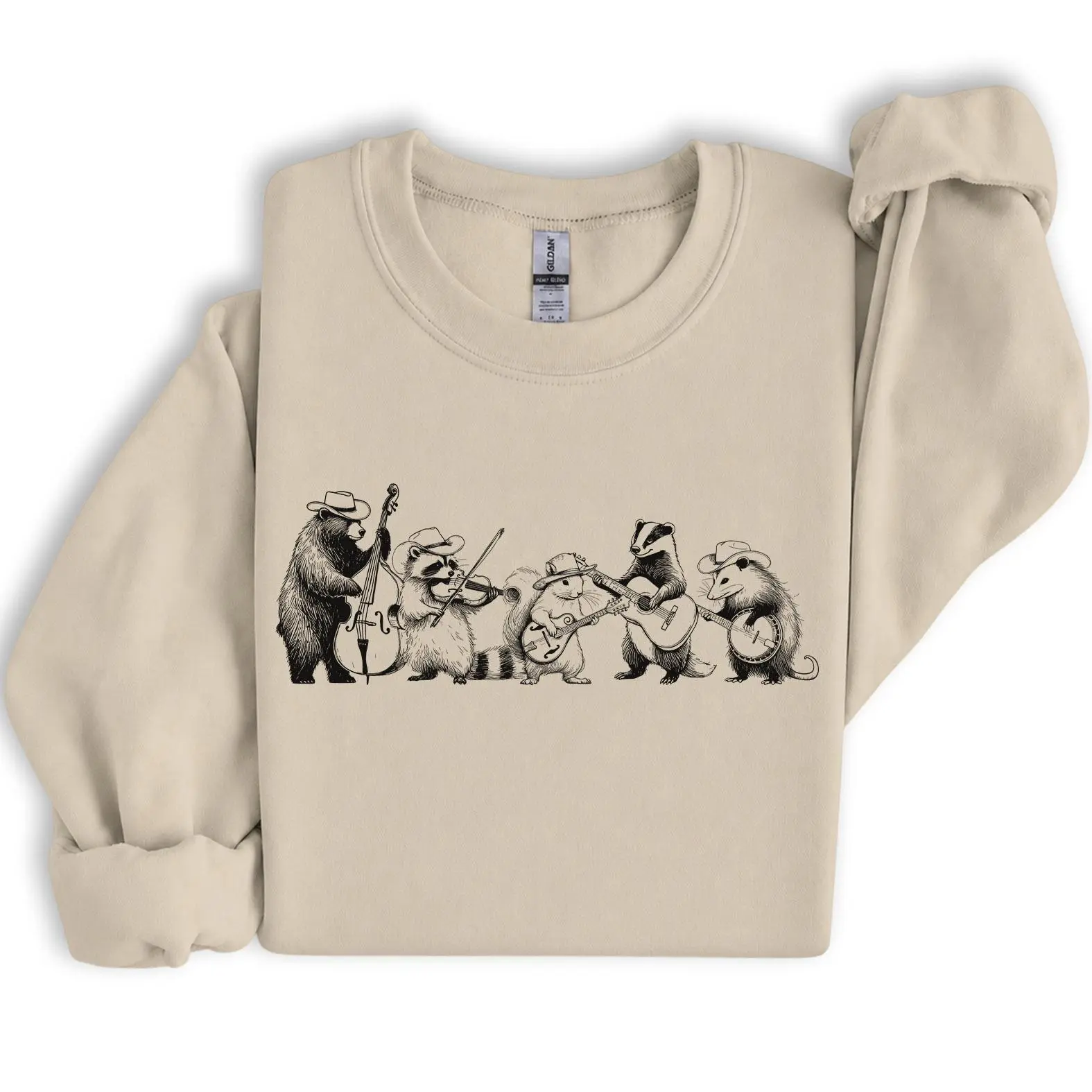 Gildan Unisex Woodland Animal Band Crewneck Sweatshirt, Bear Raccoon & Opossum Music Graphic Pullover, Country Music Lover Gift