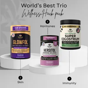 World’s Best Trio Wellness Hack Pack – Super Colostrum, Hersitol & Glowfol –  Economy Pack for Total Body Rejuvenation