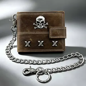 Men Skull Span Leather Wallet For Biker With Coin Pocket And Safe Chain