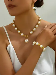 Elegant Faux Pearl Decorated Jewelry Set, Exquisite Trendy Necklace & Bracelet & Earrings, Chic Jewelry Set for Party & Daily Clothing Decor