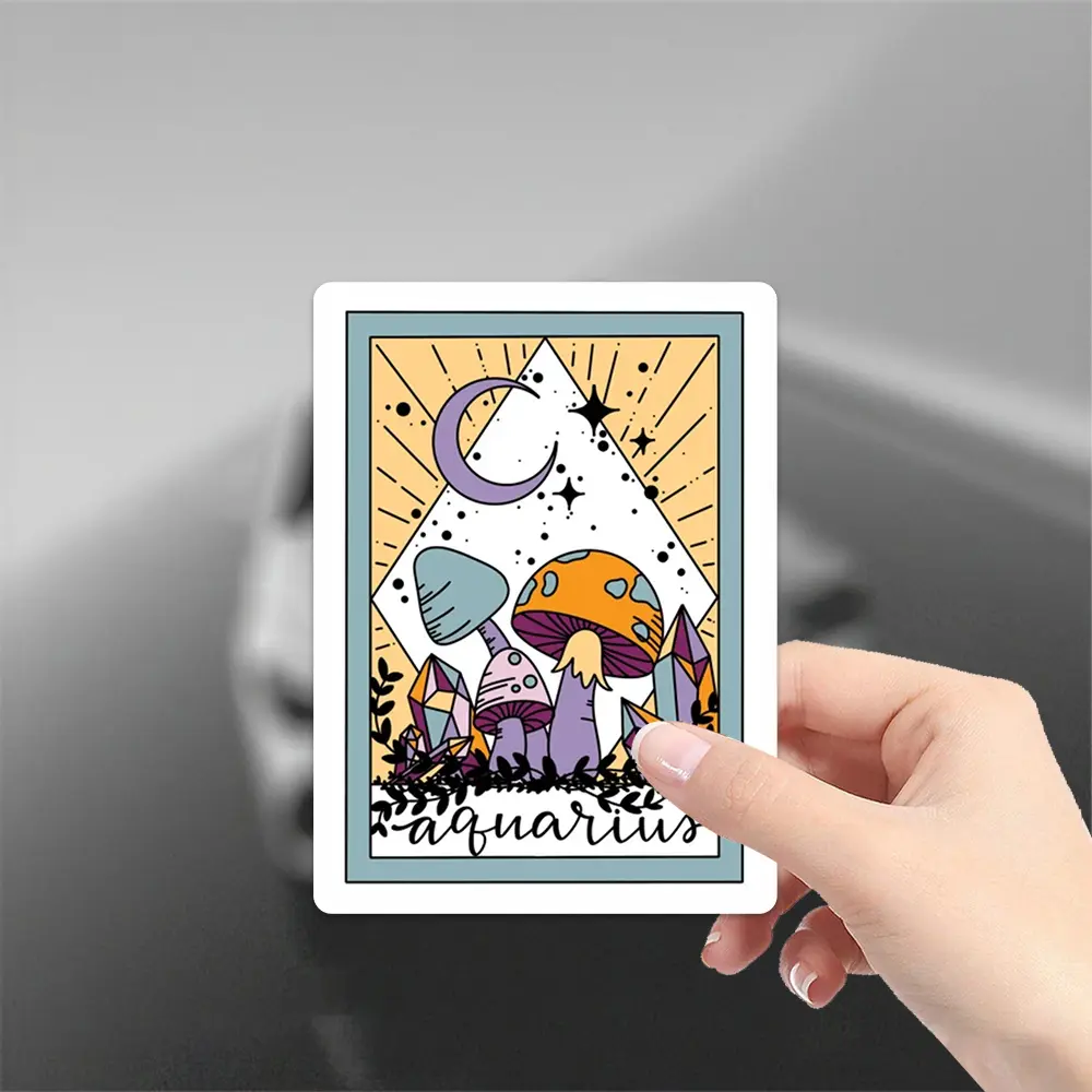 Aquarius Astrolabe Tarot Vinyl Stickers - Vibrant Celestial Mushroom and Mountain Patterns, Durable High Quality Car Bumpers, Windows, Laptops, Water Bottle Decorations DIY Astrology Stickers