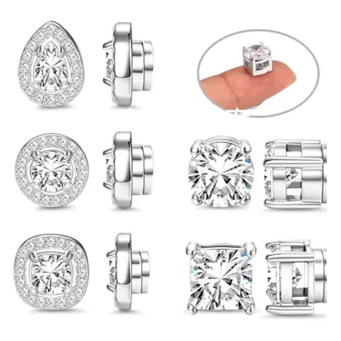Florideco Women's Stainless Steel Non-Piercing Clip-On Earrings Studs - Removable Ear Clips, Dual Magnetic Pole Pieces, Hypoallergenic, CZ Stones Earrings, Round/Square/Teardrop Halo Designs, Sparkling Ear Jewelry
